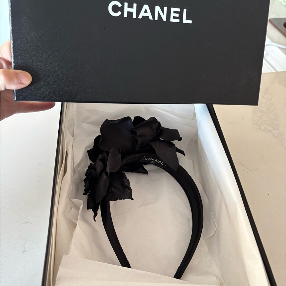 NWOT Chanel Black Satin Floral Headband Never worn stunning in box